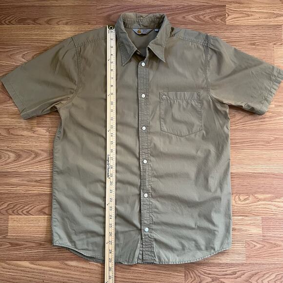 Carhartt Men’s L Rugged Work Shirt | Tan Cotton Short Sleeve Utility Button-Up - Picture 3 of 7